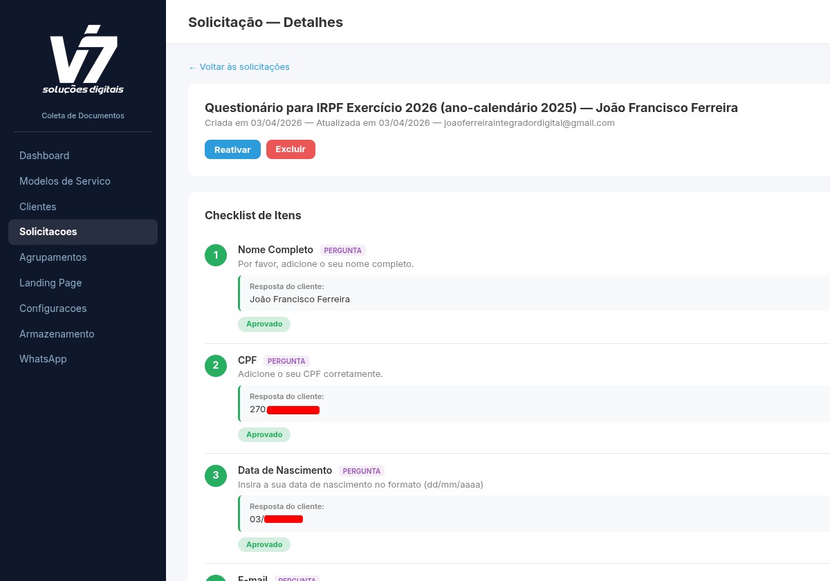 Painel do Coleta de Documentos: solicitação aberta com checklist e status
